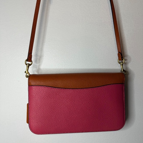 Hayden Crossbody Bag In Colorblock Brass/Watermelon Pink & Brown Pebbled Leather - Picture 7 of 9